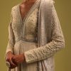 Cream White Anarkali Set In Georgette With Lucknowi Work