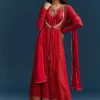 Red Bandhani And Leheriya Jacket Anarkali Suit In Georgette