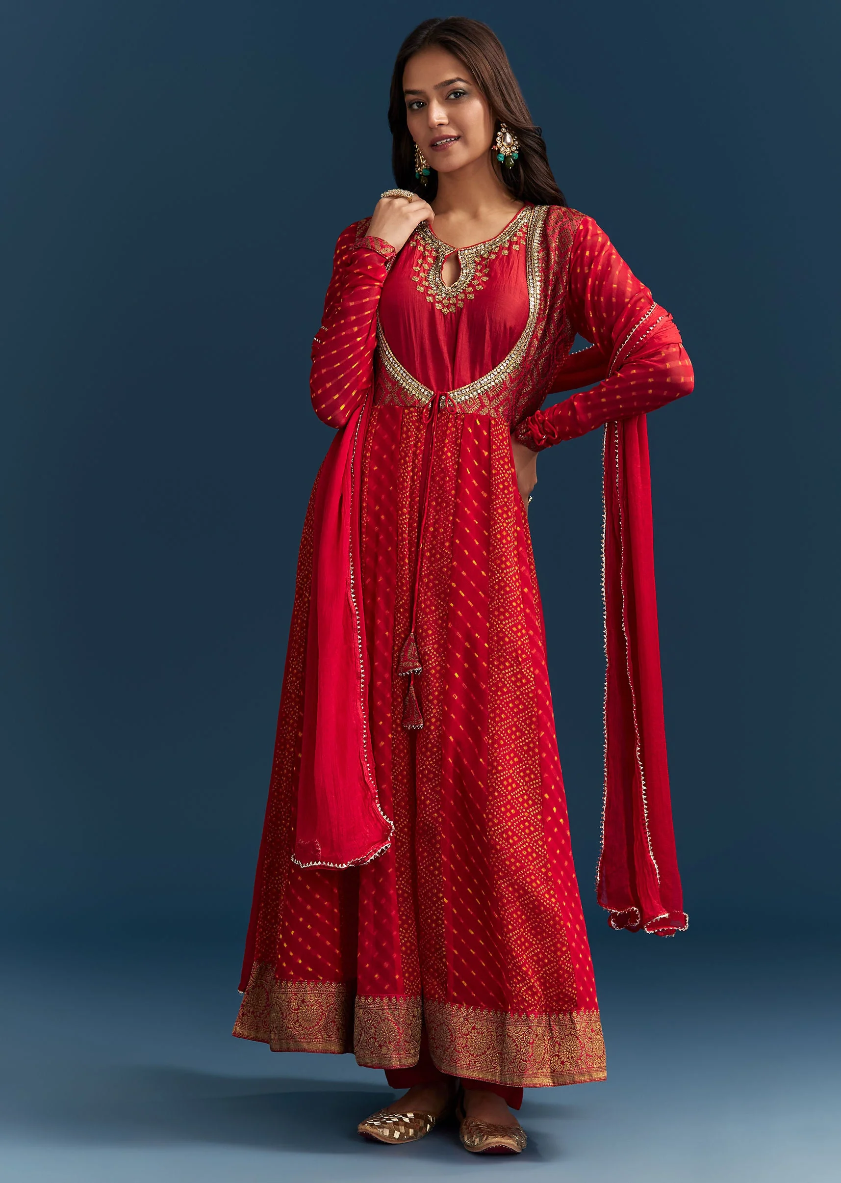 Red Bandhani And Leheriya Jacket Anarkali Suit In Georgette