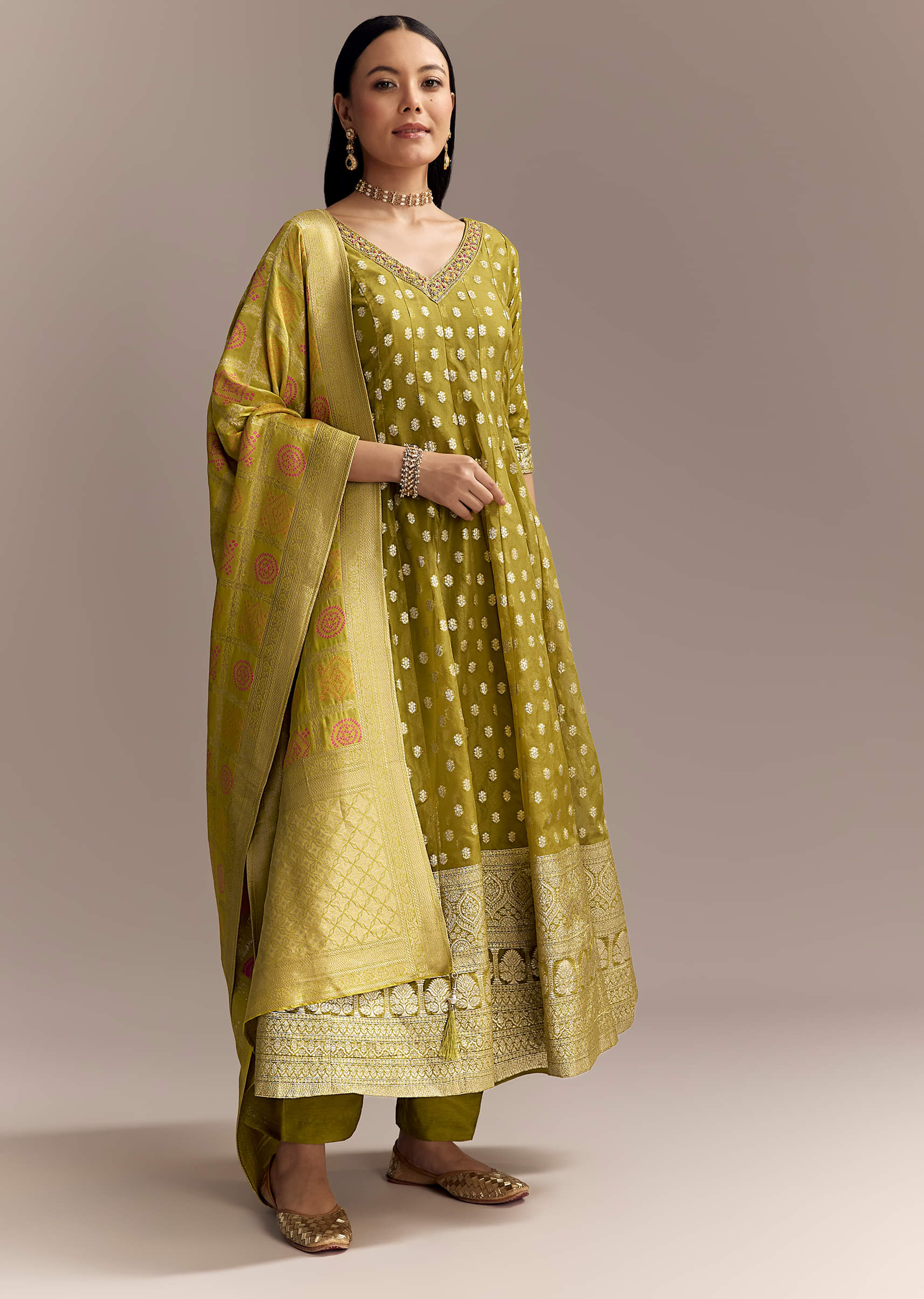 19316-mehendi-green-jacquard-anarkali-suit-with-woven-brocade-dupatta-1.jpg Mehendi Green Jacquard Anarkali Suit With Woven Brocade Dupatta