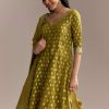 Mehendi Green Jacquard Anarkali Suit With Woven Brocade Dupatta