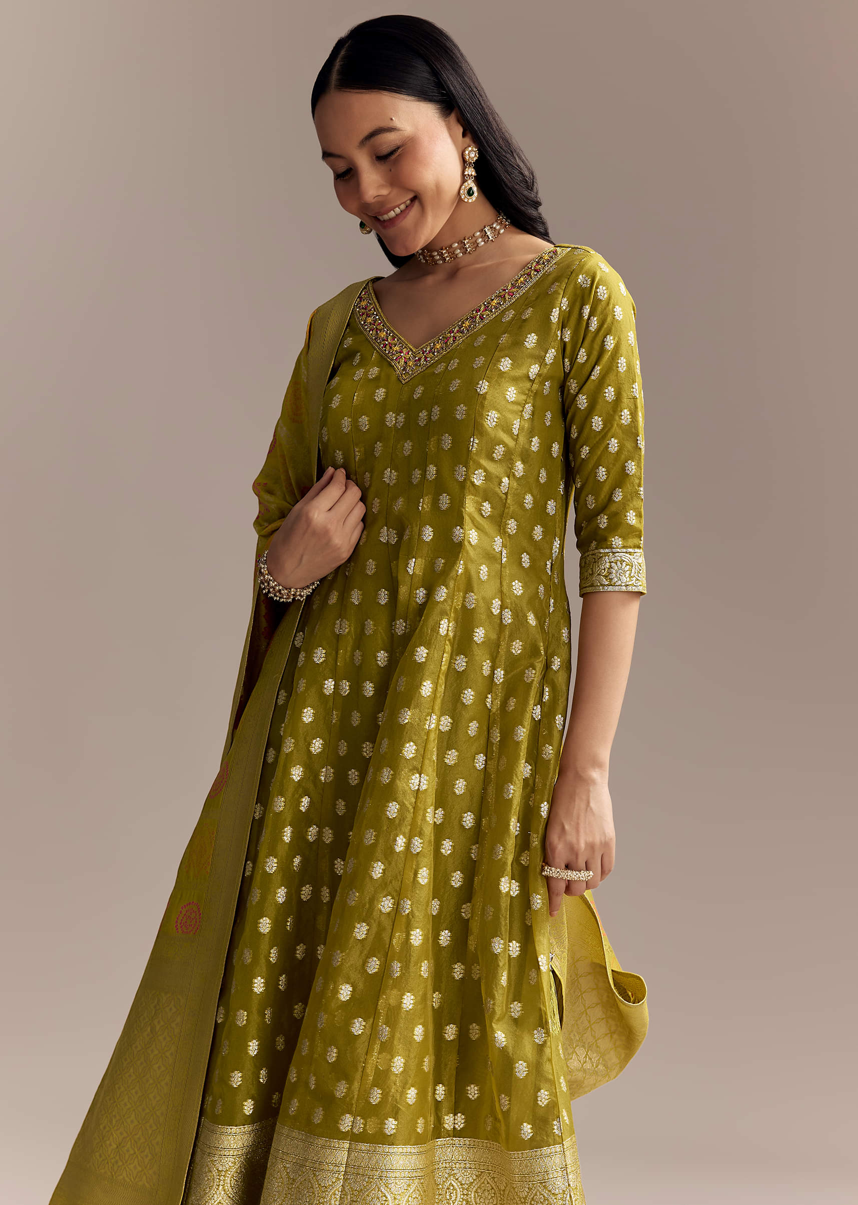 Mehendi Green Jacquard Anarkali Suit With Woven Brocade Dupatta