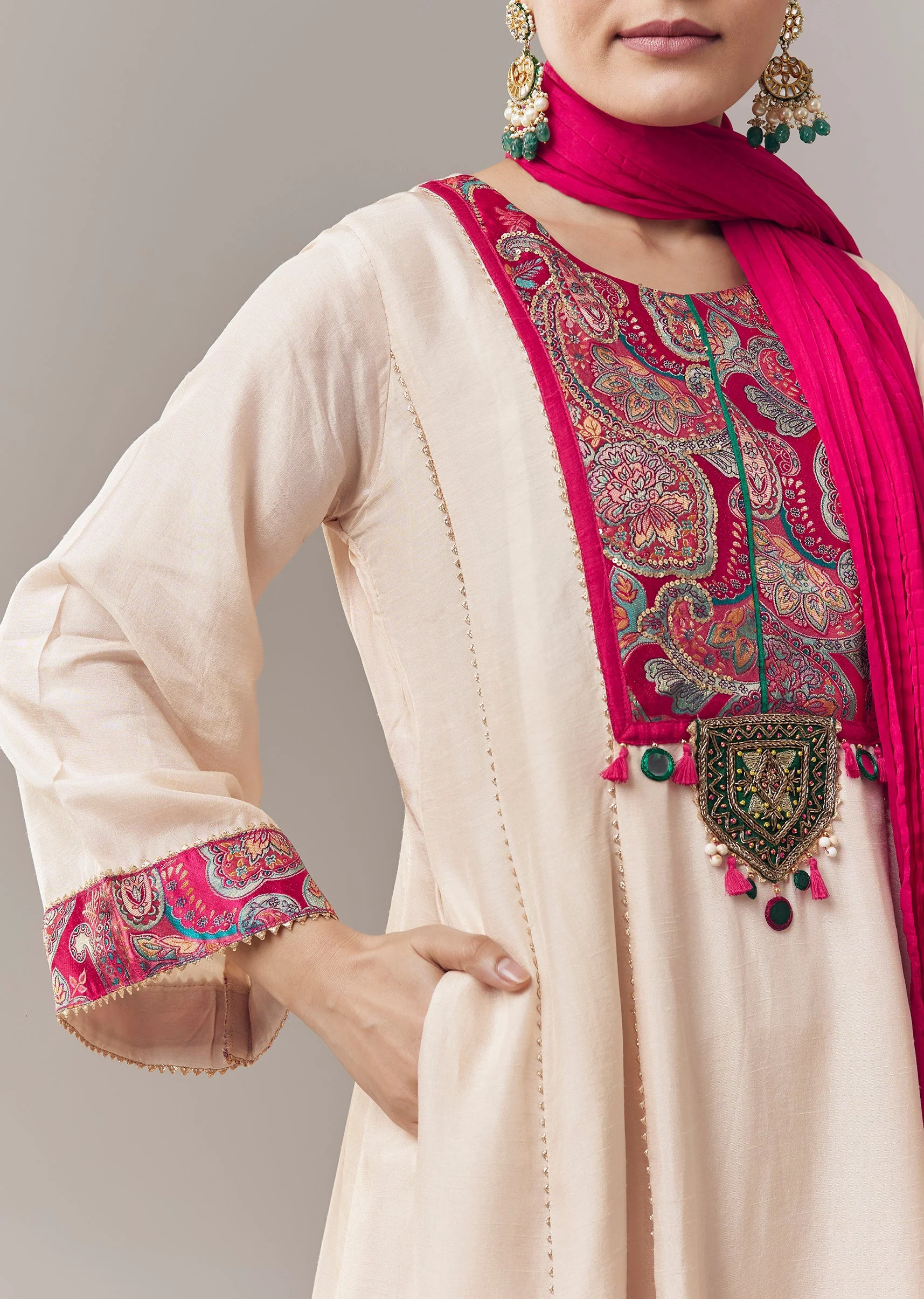 Ivory Anarkali Suit With Gotta Lace Work And Dupatta