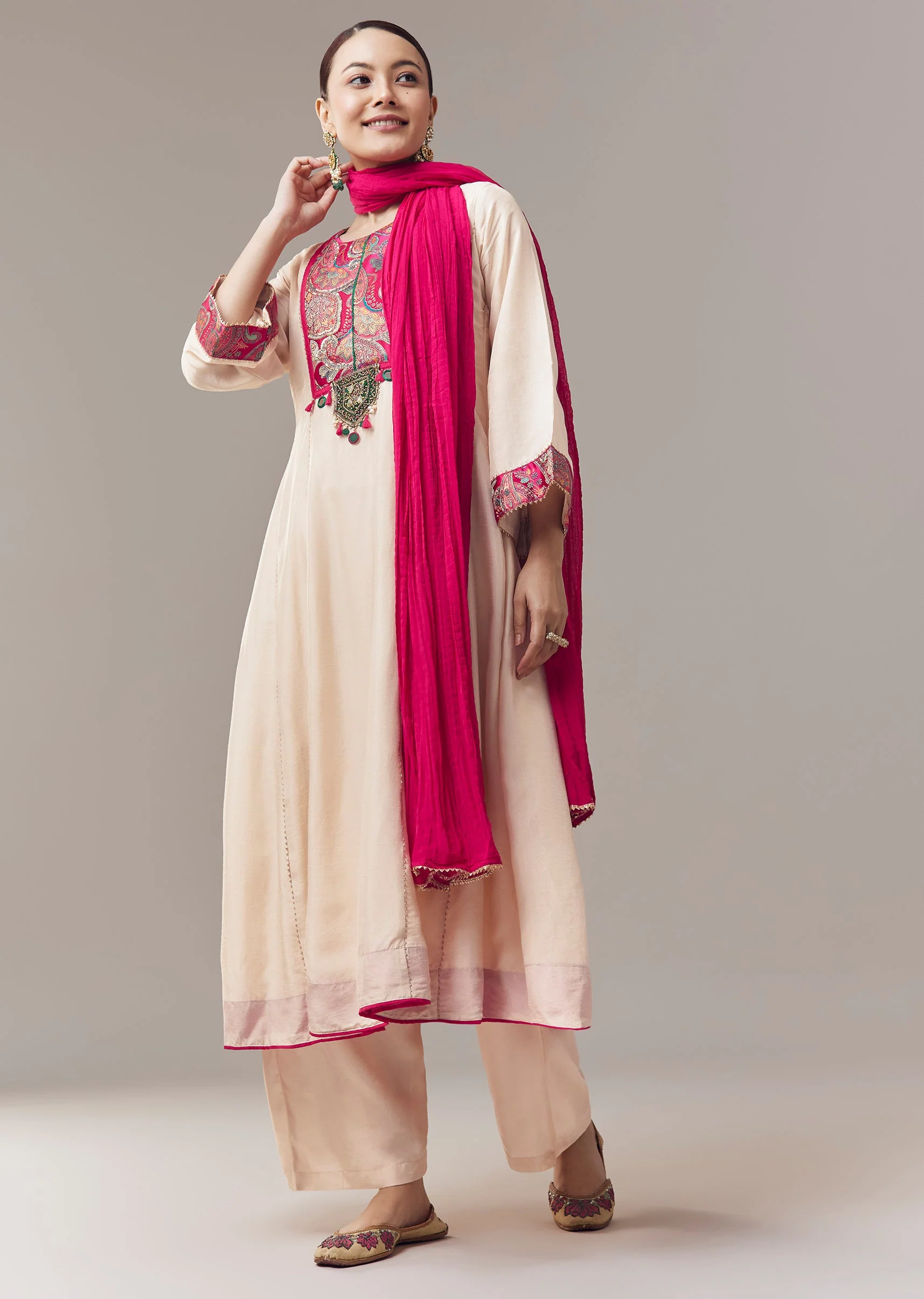 Ivory Anarkali Suit With Gotta Lace Work And Dupatta