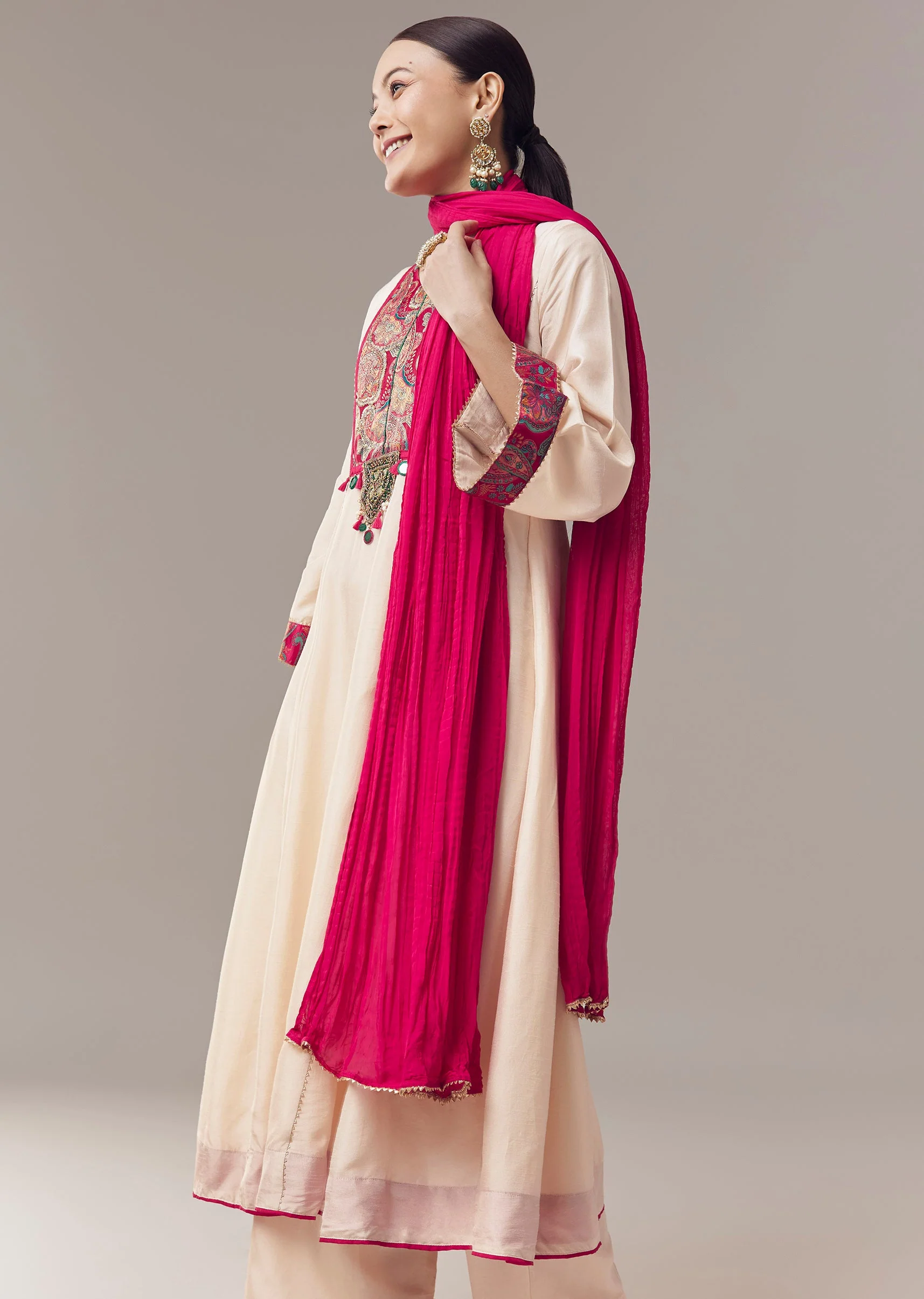 Ivory Anarkali Suit With Gotta Lace Work And Dupatta