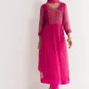Pink Floral Chiffon Anarkali Kurta Set With Dupatta