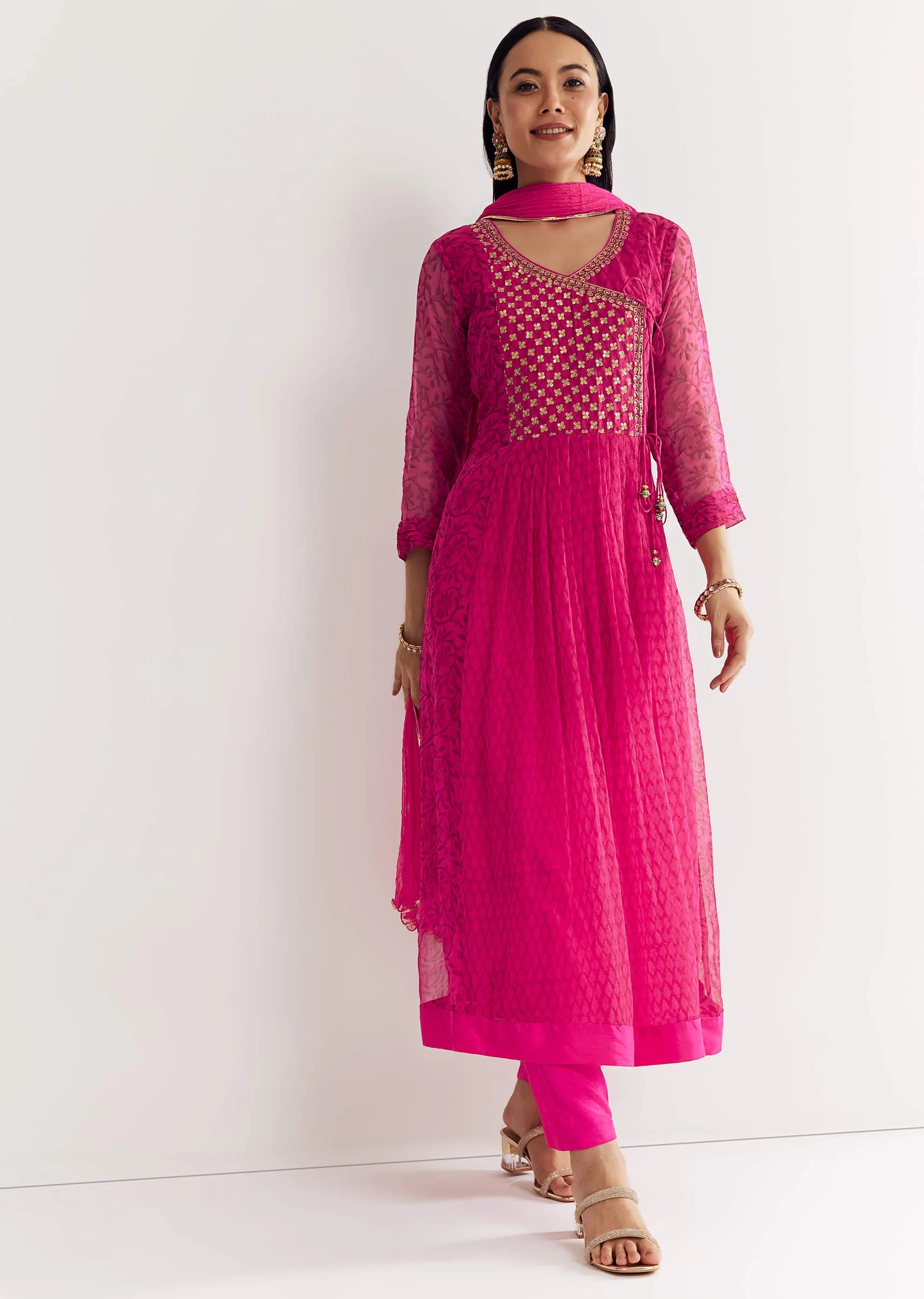 Pink Floral Chiffon Anarkali Kurta Set With Dupatta