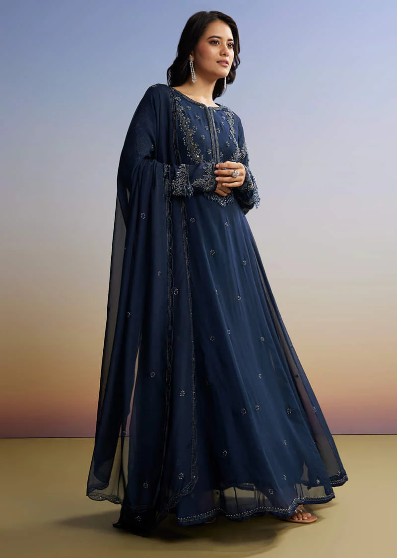 Blue Beaded Anarkali Set With Dupatta