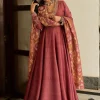 Maroon Raw Silk Embroidered Anarkali With Printed Dupatta