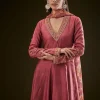 Maroon Raw Silk Embroidered Anarkali With Printed Dupatta
