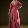 Maroon Raw Silk Embroidered Anarkali With Printed Dupatta