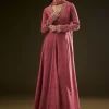 Maroon Raw Silk Embroidered Anarkali With Printed Dupatta