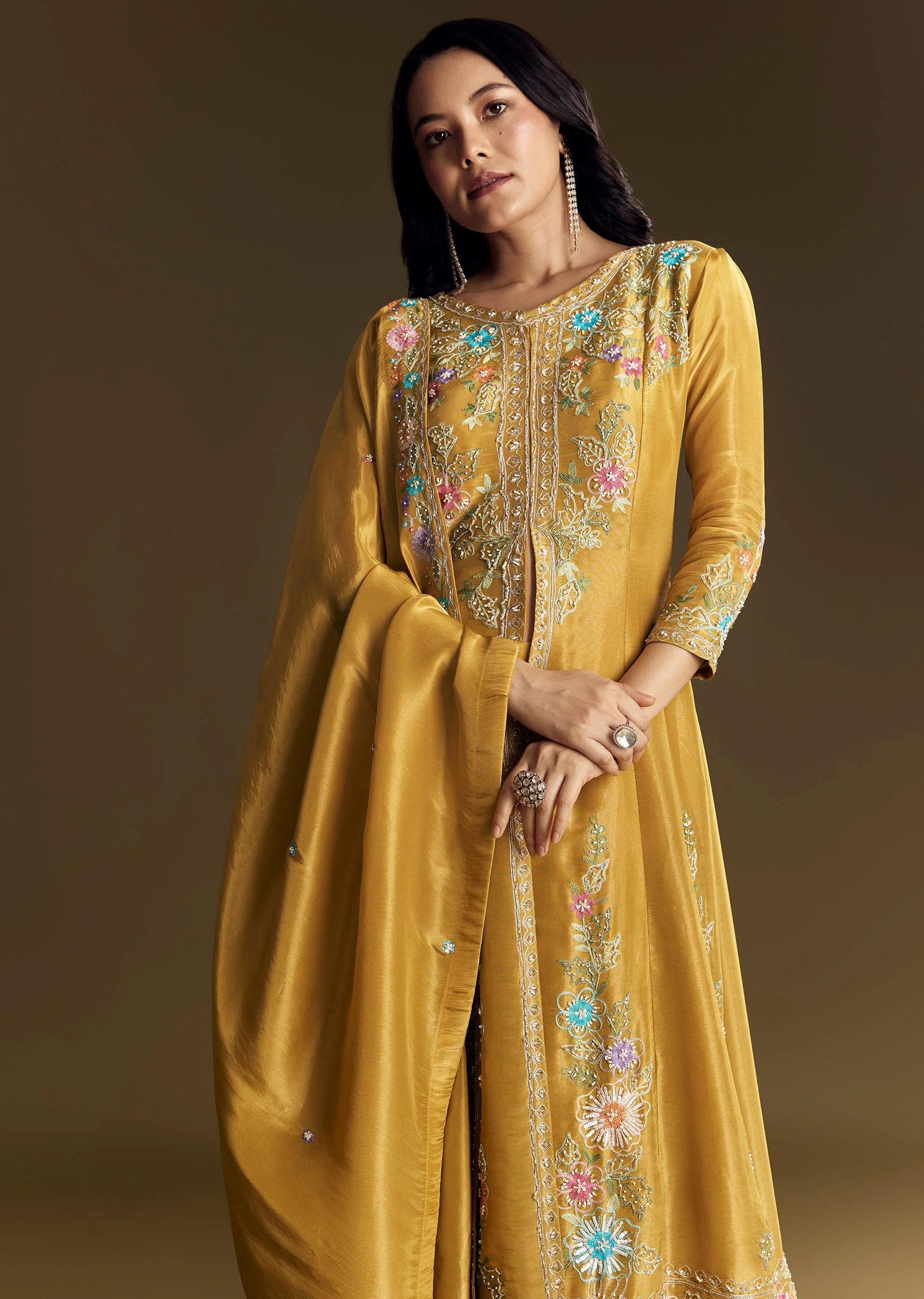 Yellow Palazzo Suit With Resham Kurta Dupatta