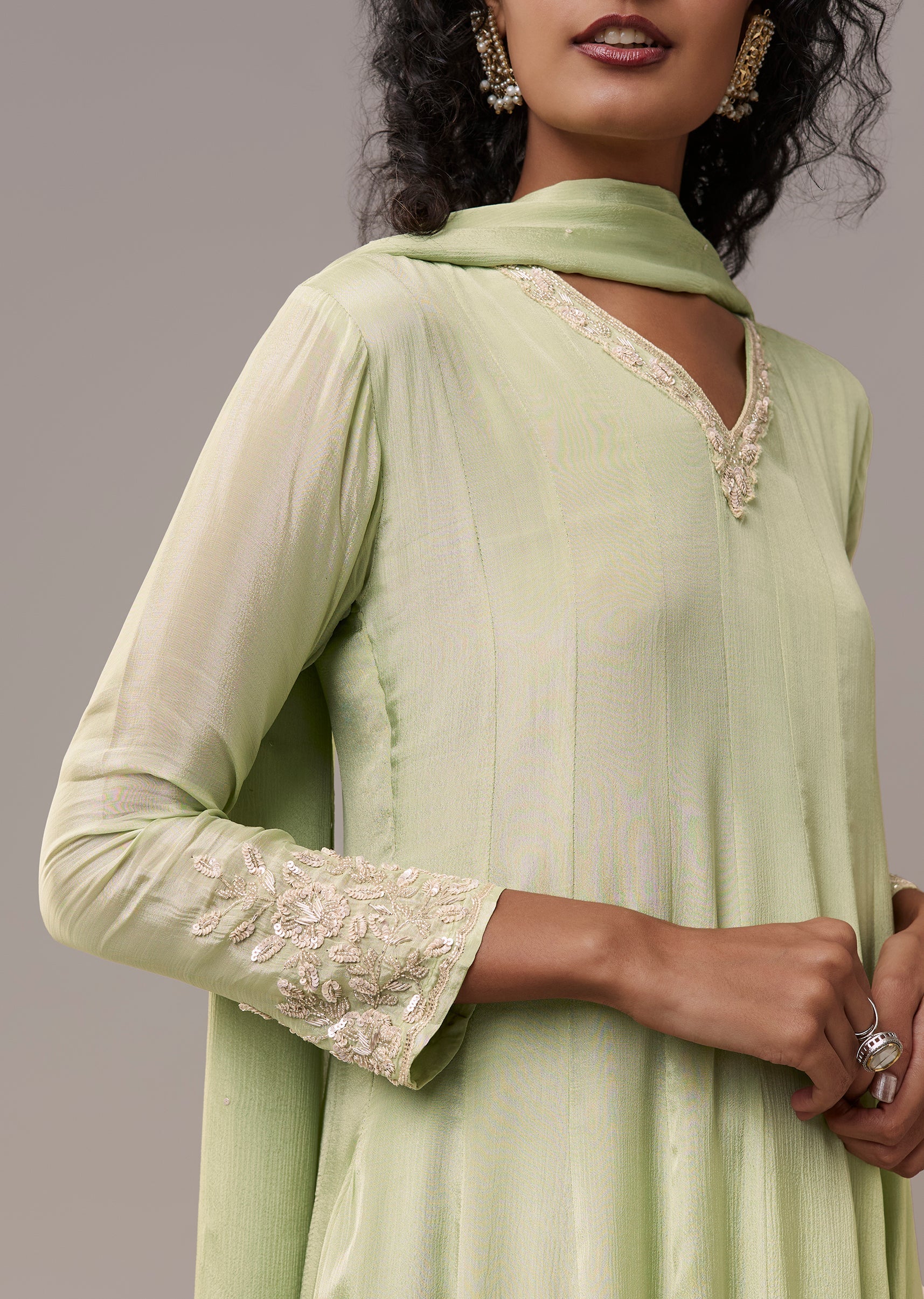 Pista Green Chinon Cutdana Embroidered Anarkali Set