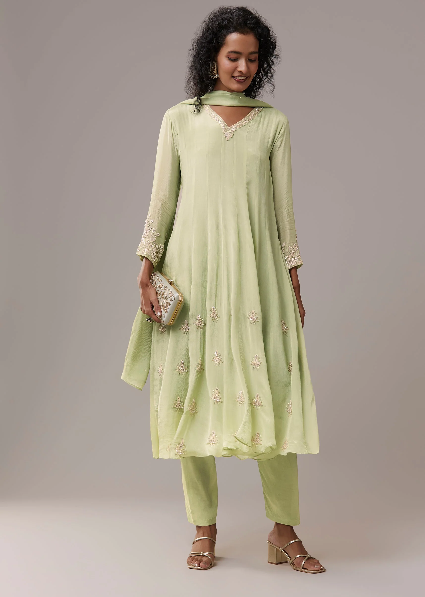 Pista Green Chinon Cutdana Embroidered Anarkali Set