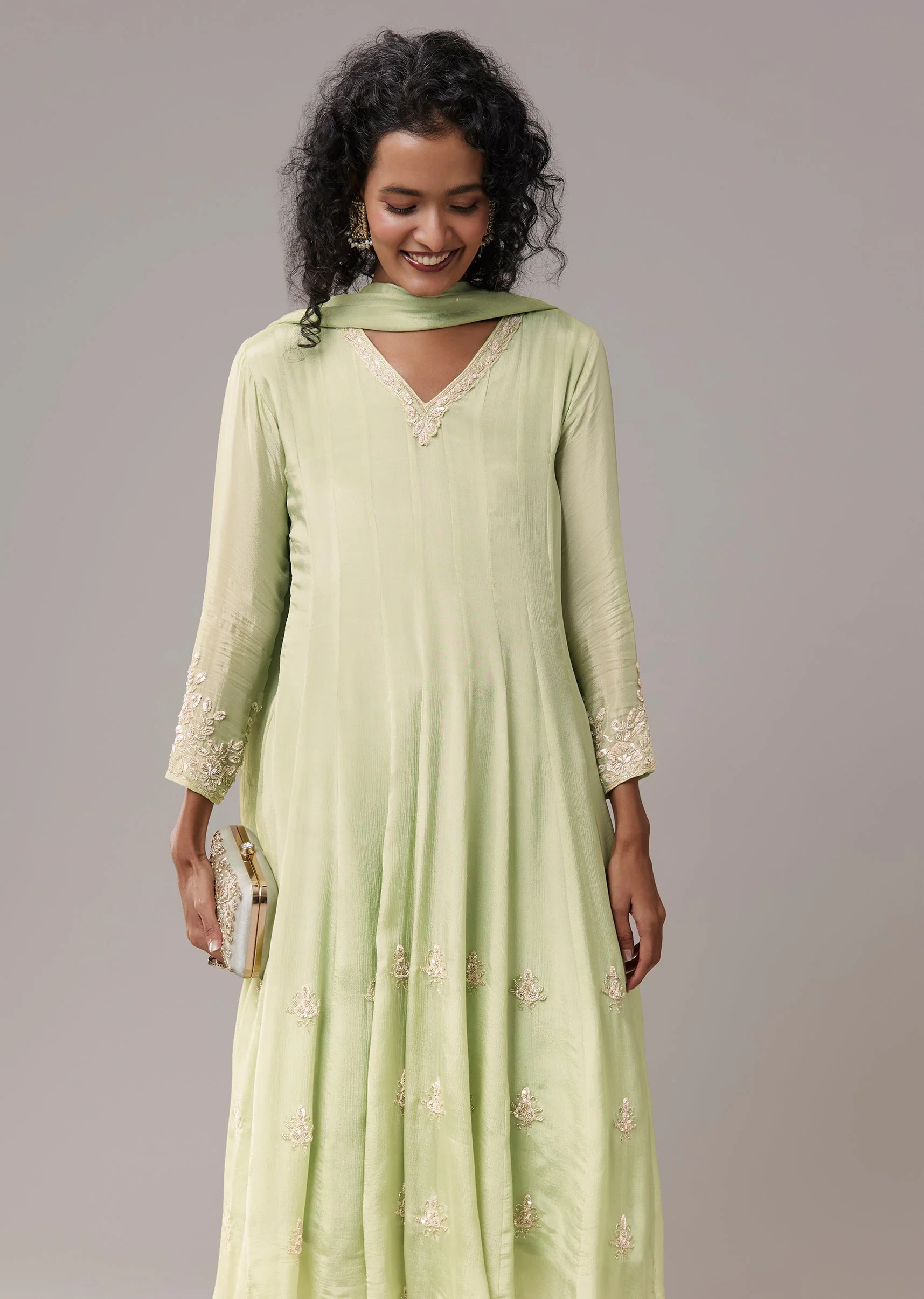 Pista Green Chinon Cutdana Embroidered Anarkali Set