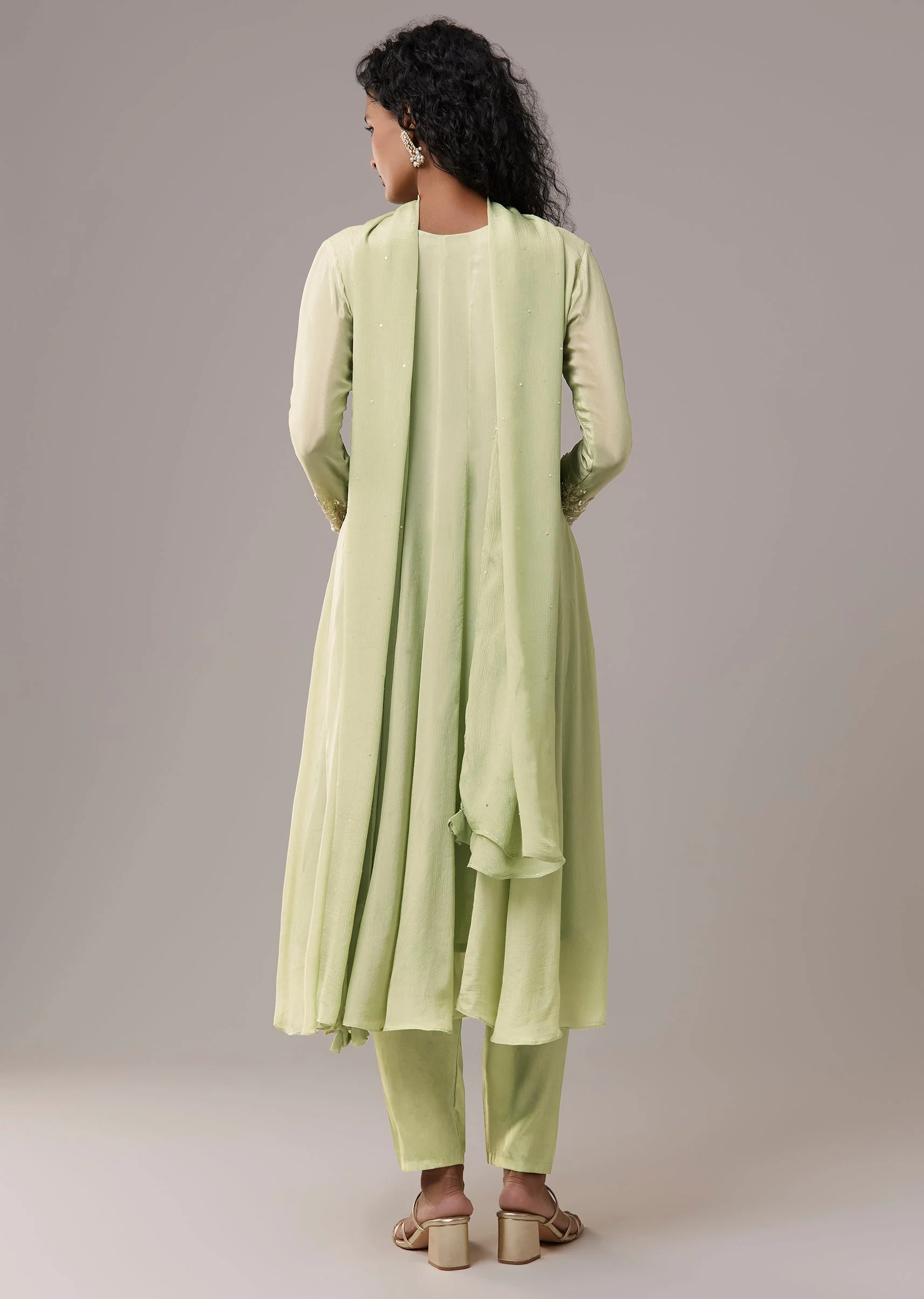 Pista Green Chinon Cutdana Embroidered Anarkali Set