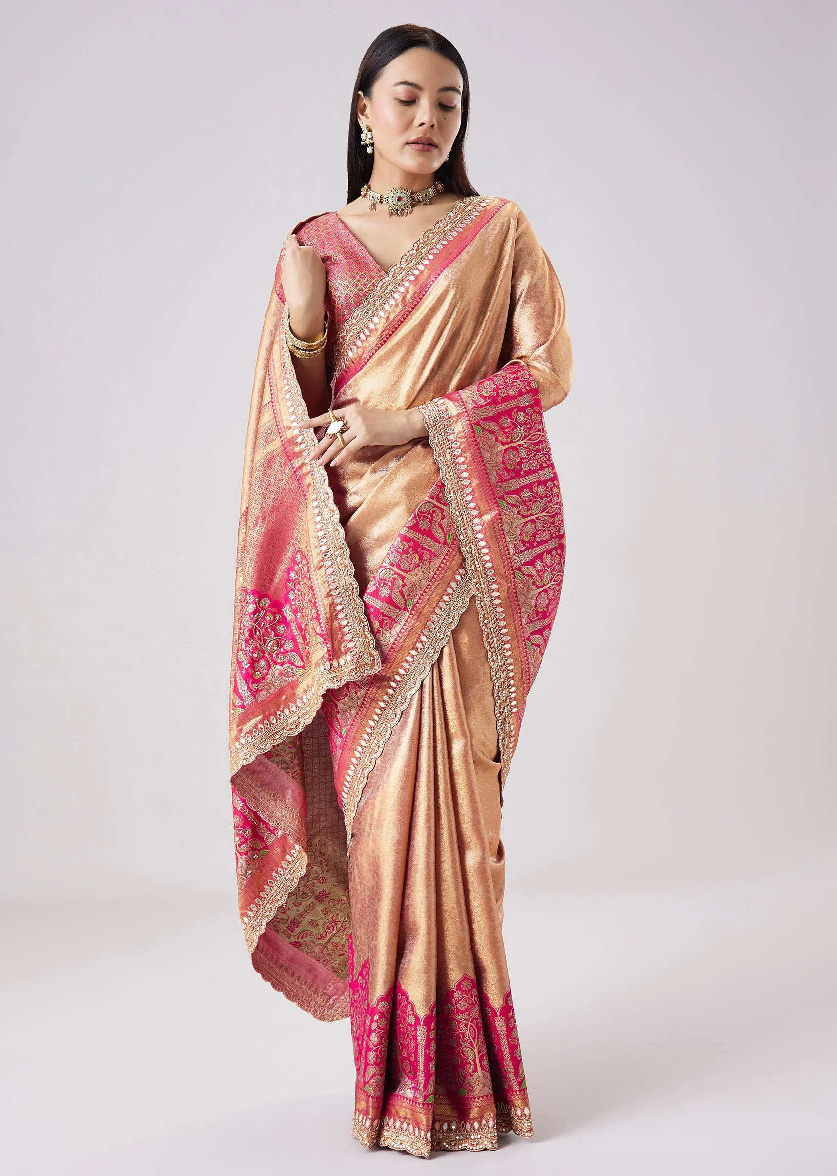 Pastel Pink Embroidered Saree With Unstitched Blouse