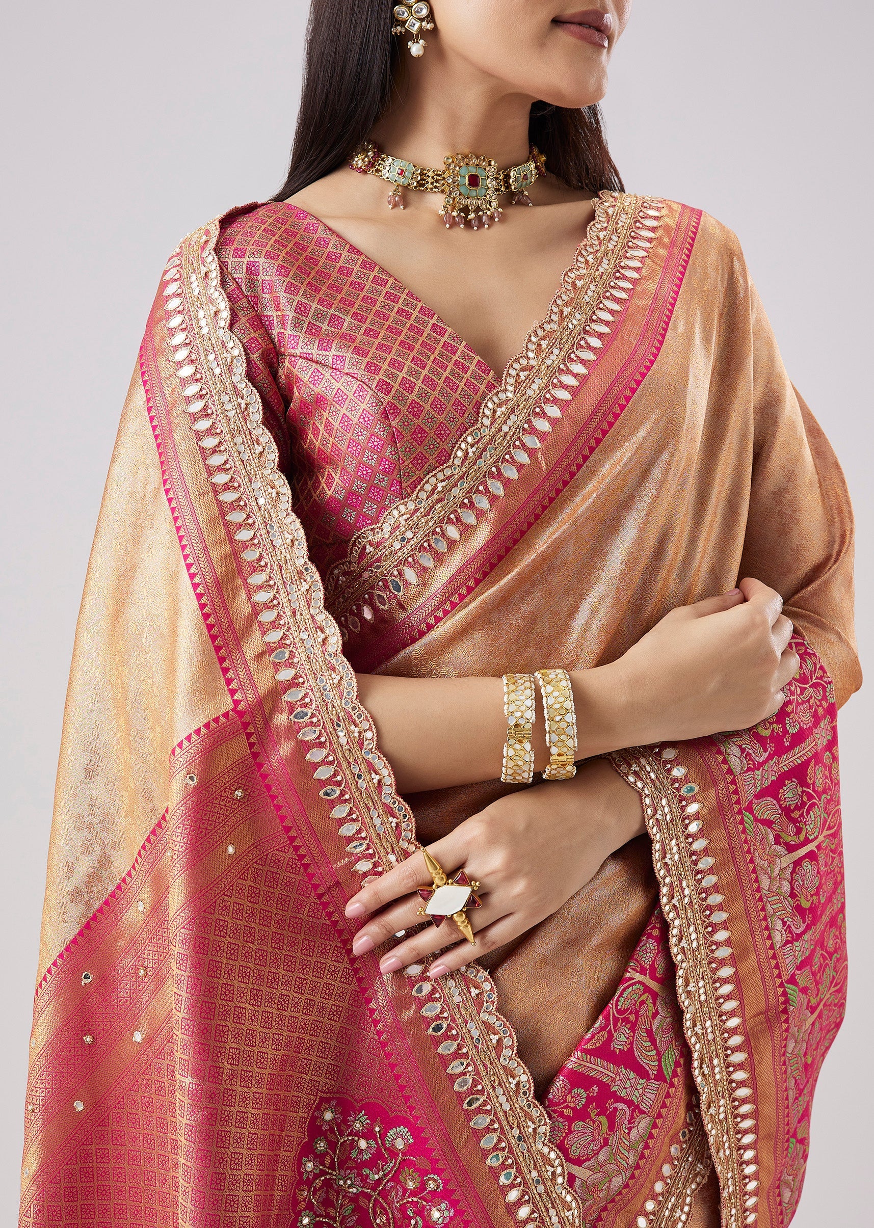 Pastel Pink Embroidered Saree With Unstitched Blouse