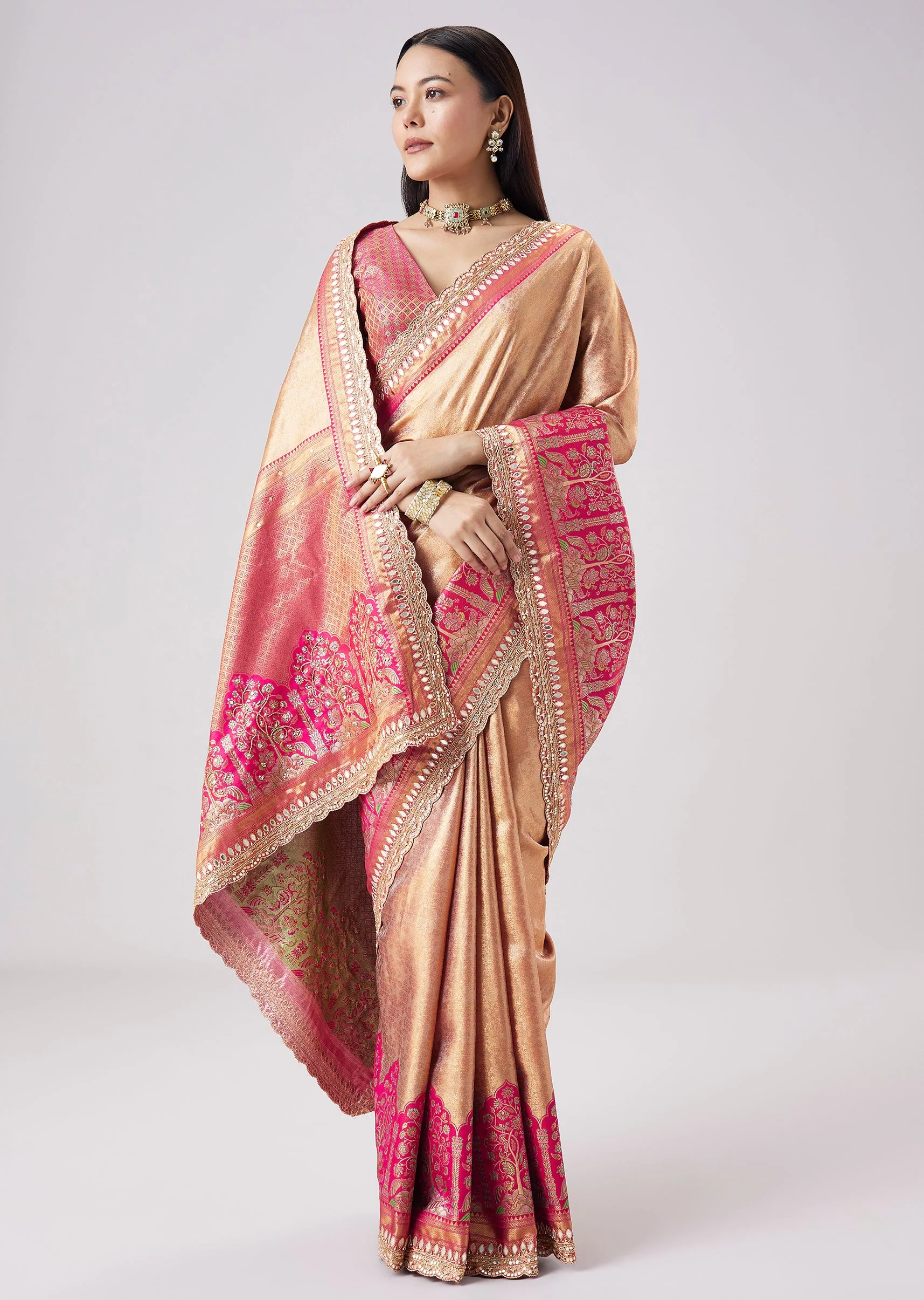Pastel Pink Embroidered Saree With Unstitched Blouse
