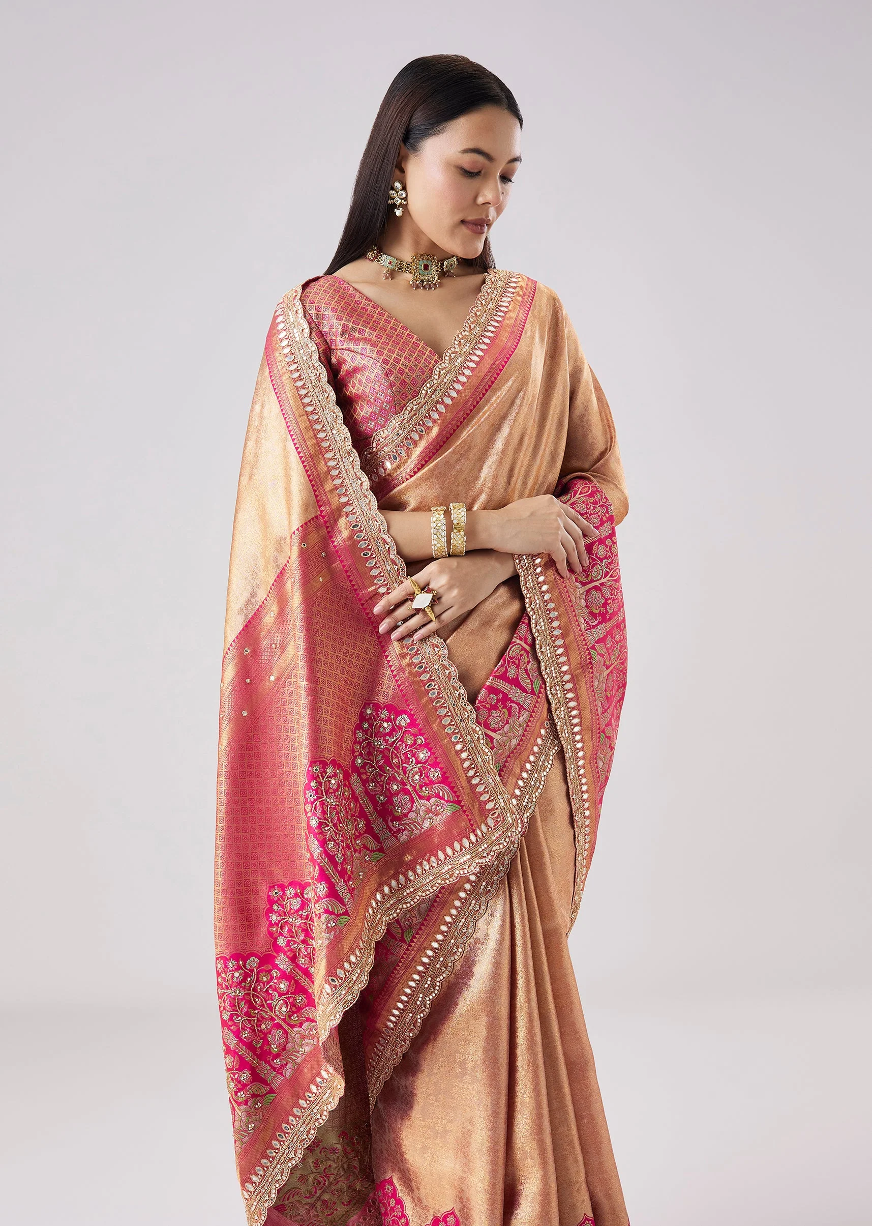 Pastel Pink Embroidered Saree With Unstitched Blouse