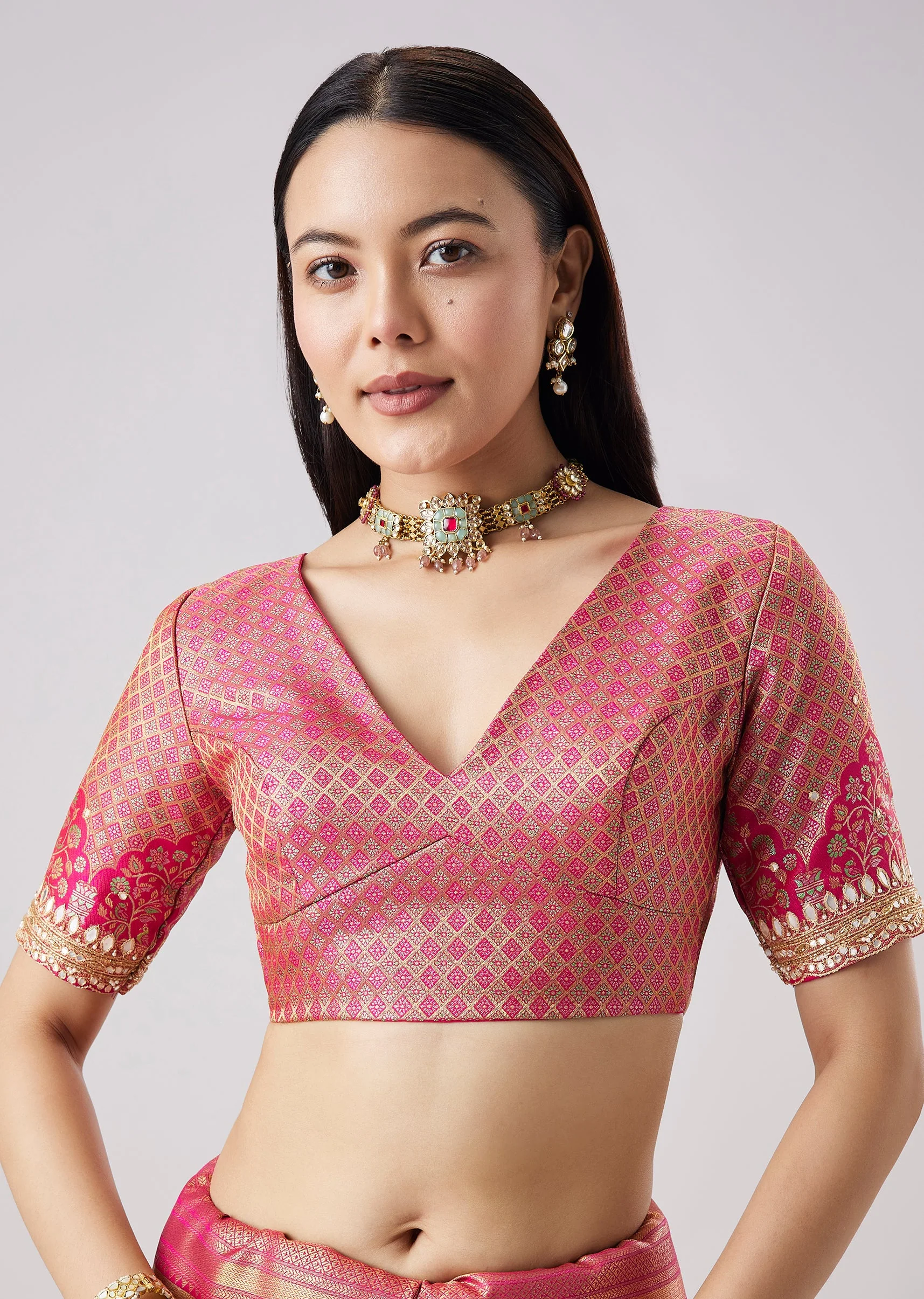 Pastel Pink Embroidered Saree With Unstitched Blouse