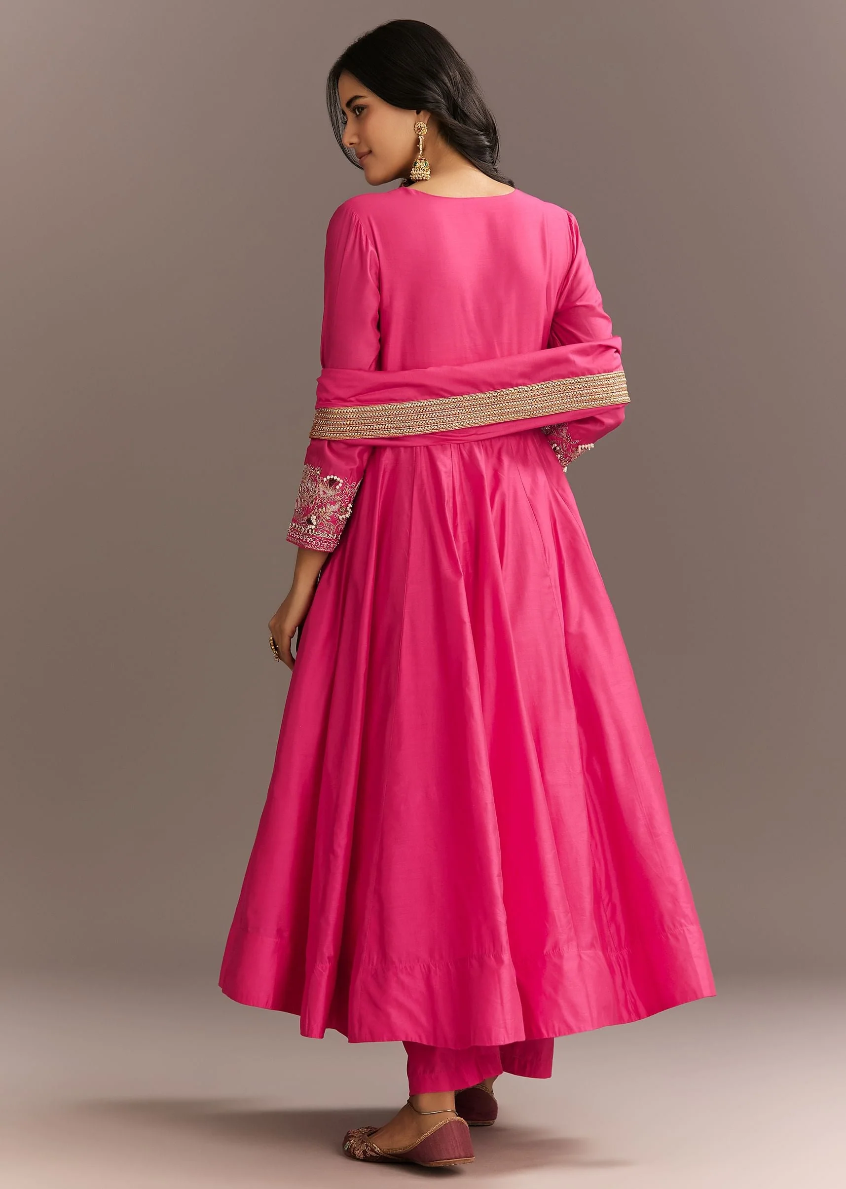 19402-pink-chanderi-anarkali-with-gotta-moti-neckline-and-lace-dupatta-5.webp Pink Chanderi Anarkali With Gotta Moti Neckline And Lace Dupatta