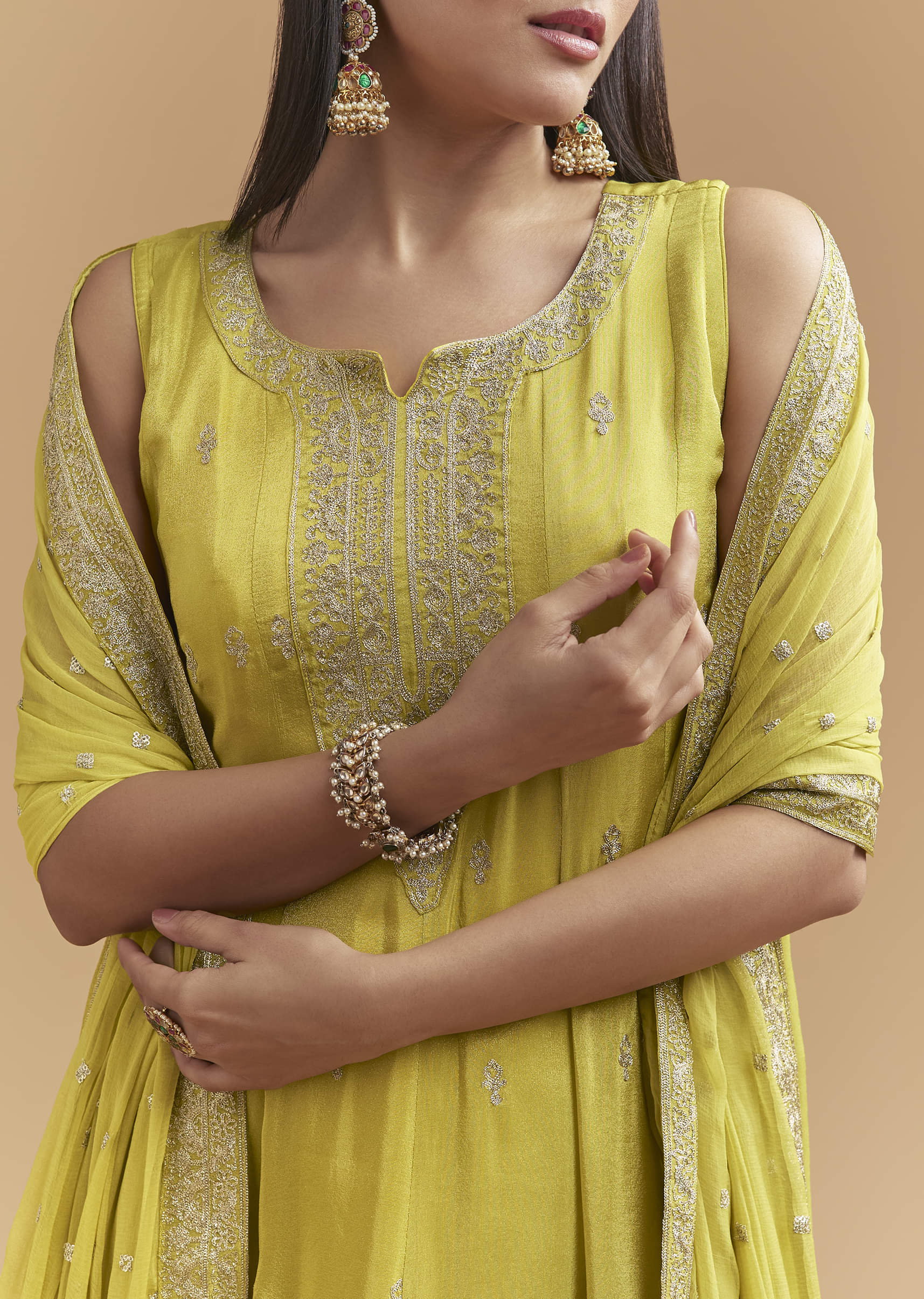Green Tissue Anarkali Suit With Intricate Zari Work