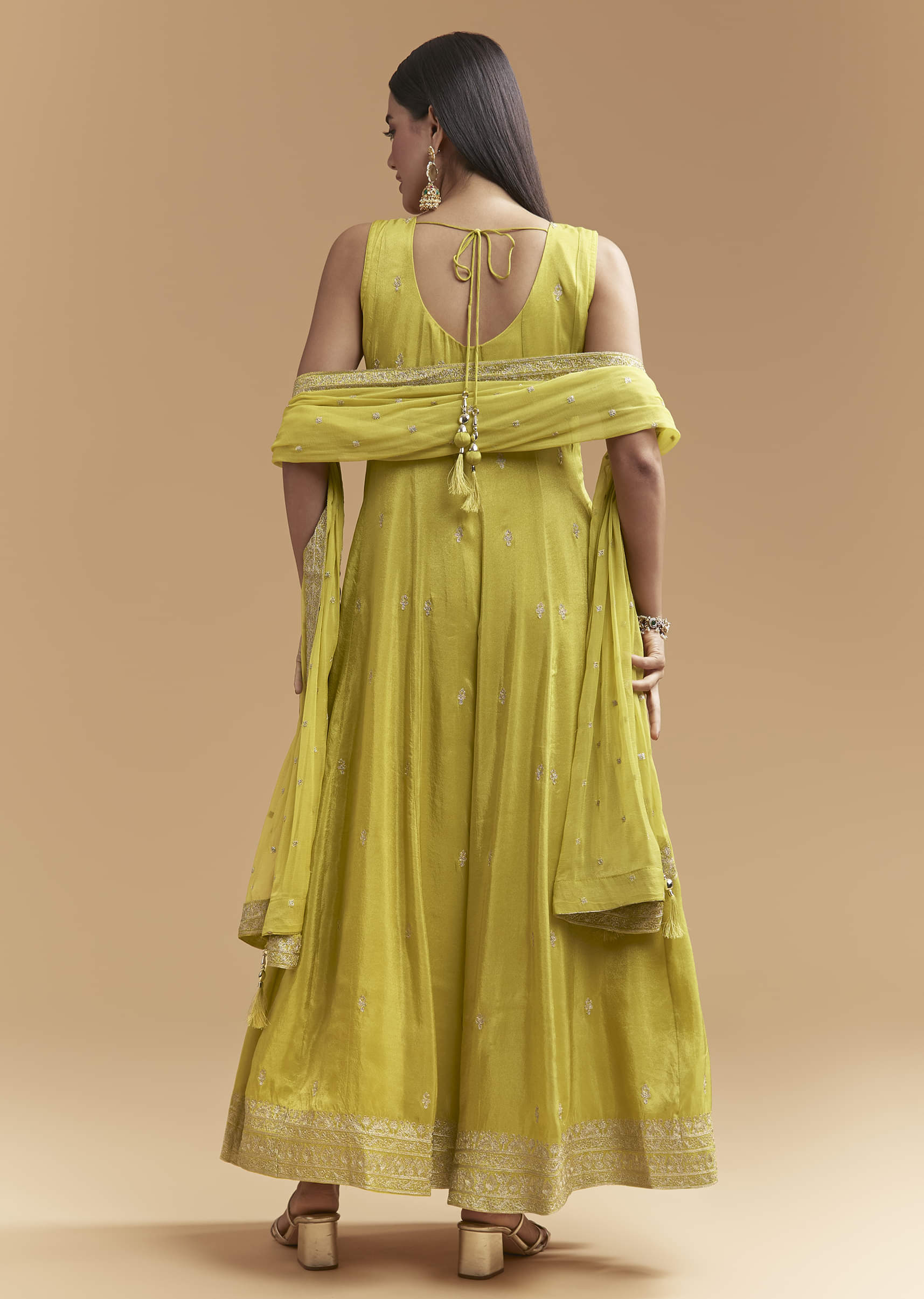 Green Tissue Anarkali Suit With Intricate Zari Work