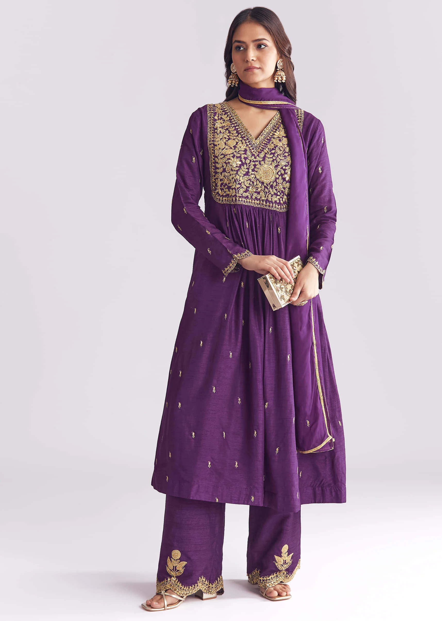 Purple Silk Anarkali Suit With Zari Thread Work