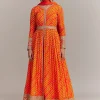 Orange Chinon Leheriya Embroidered Anarkali Set