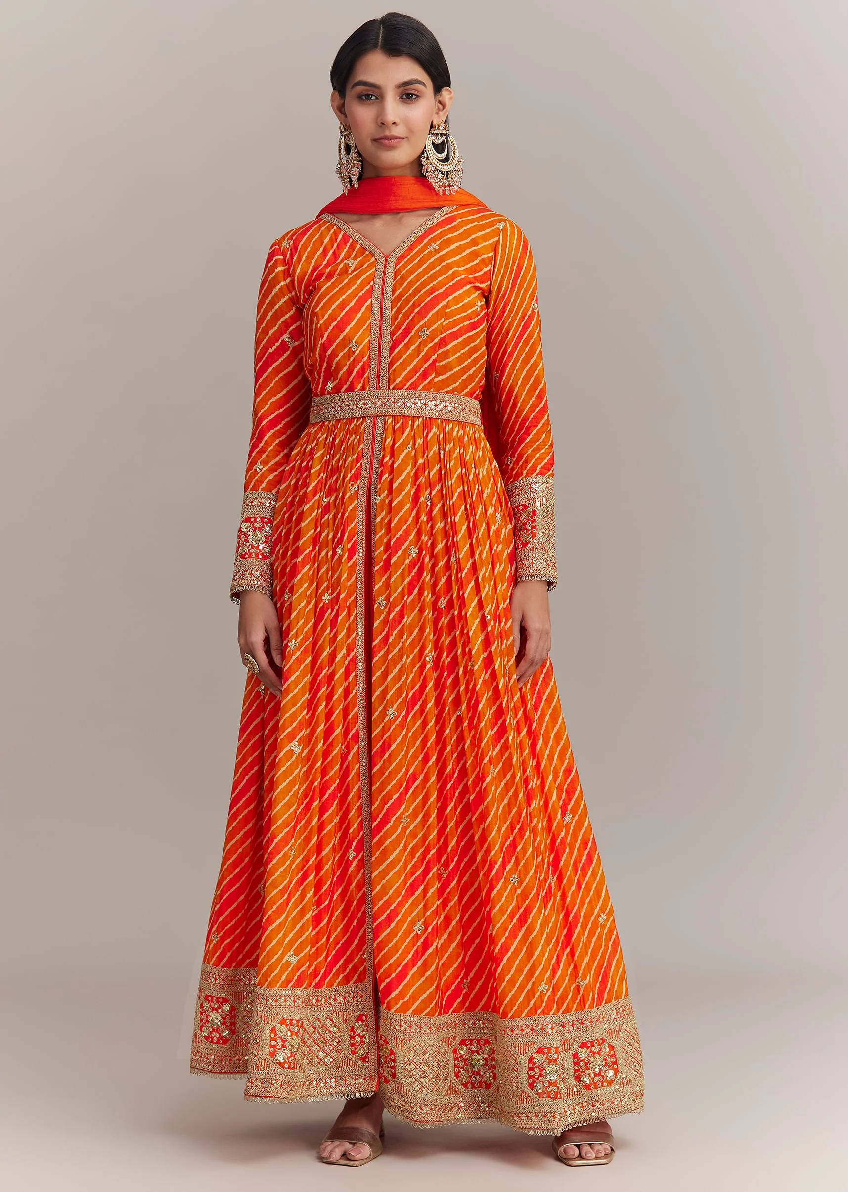 Orange Chinon Leheriya Embroidered Anarkali Set