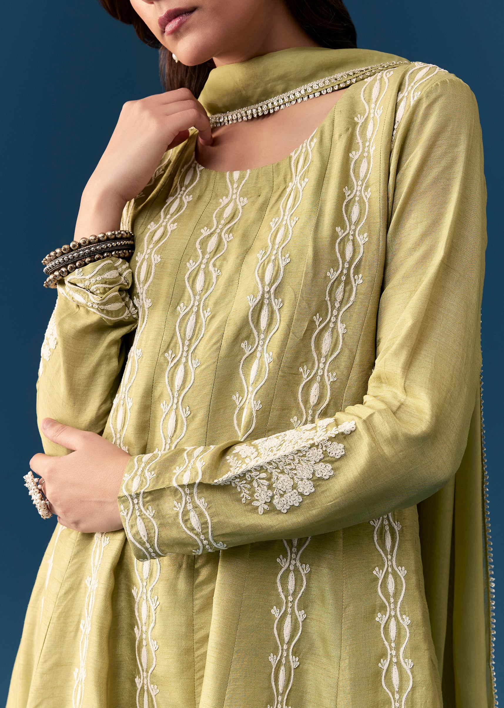 Mehendi Green Pastel Pakistani Style Peplum Anarkali Suit With Thread Work