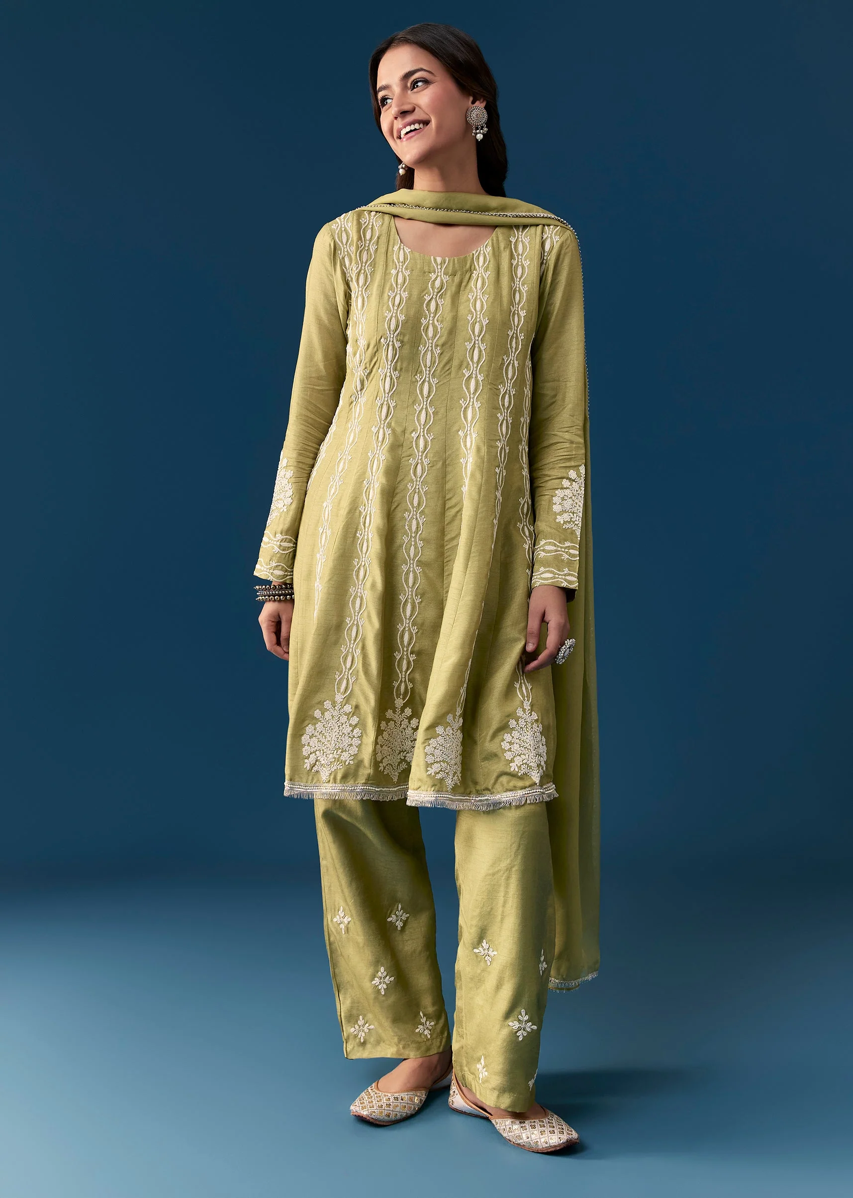 Mehendi Green Pastel Pakistani Style Peplum Anarkali Suit With Thread Work