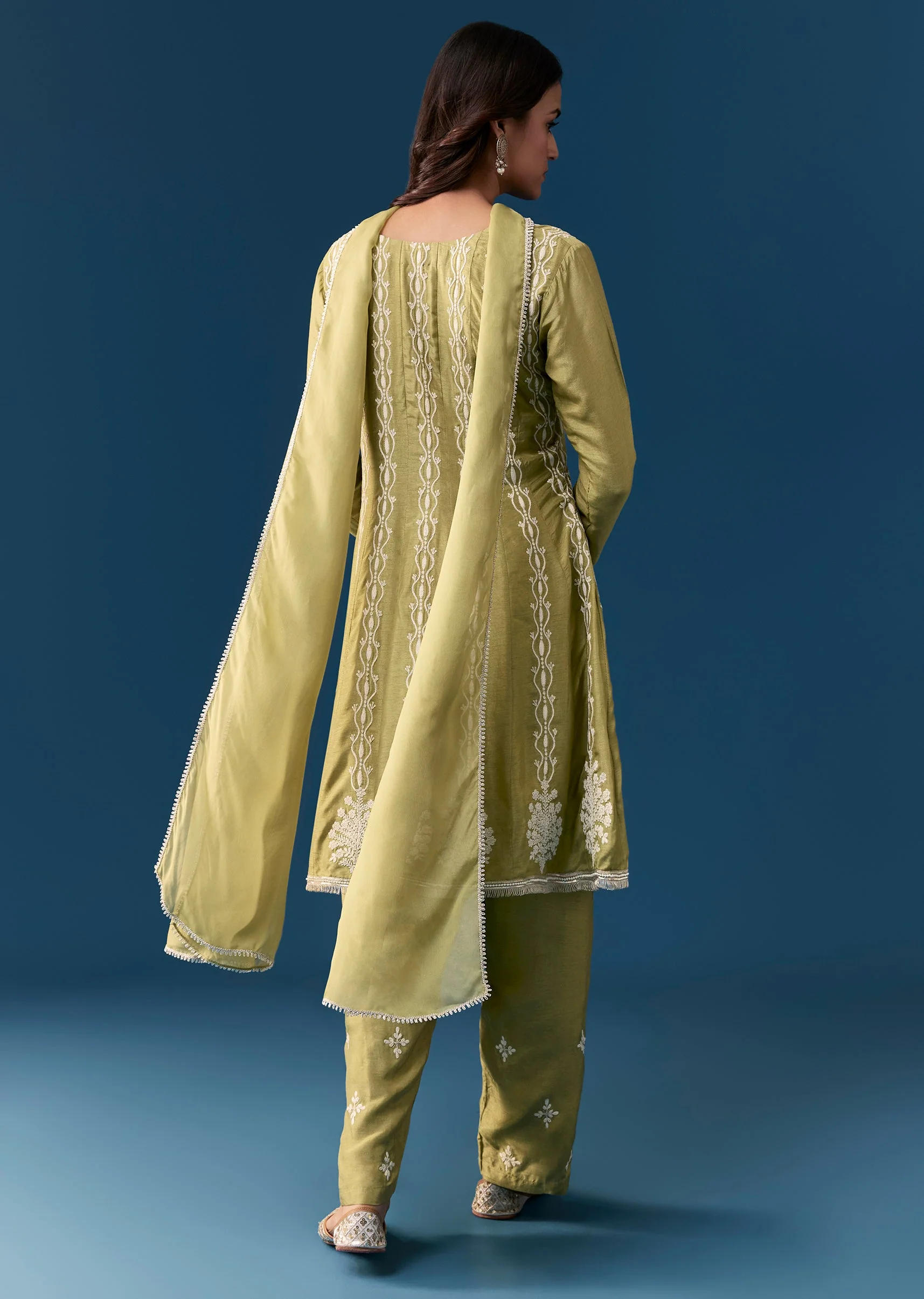 Mehendi Green Pastel Pakistani Style Peplum Anarkali Suit With Thread Work