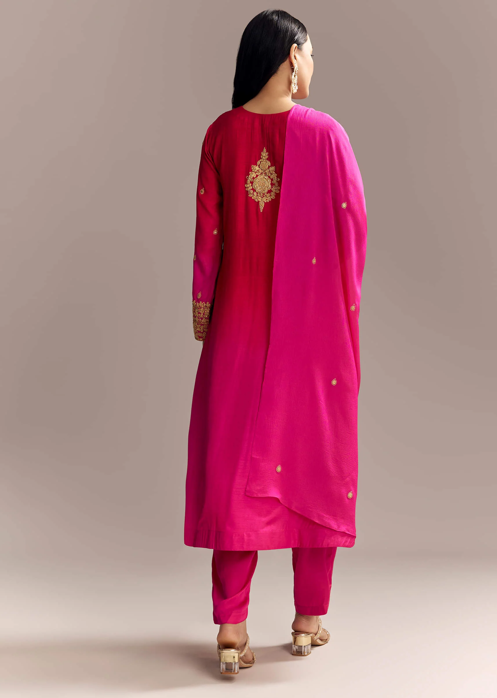Red Ombre Silk Anarkali Suit With Zari Work