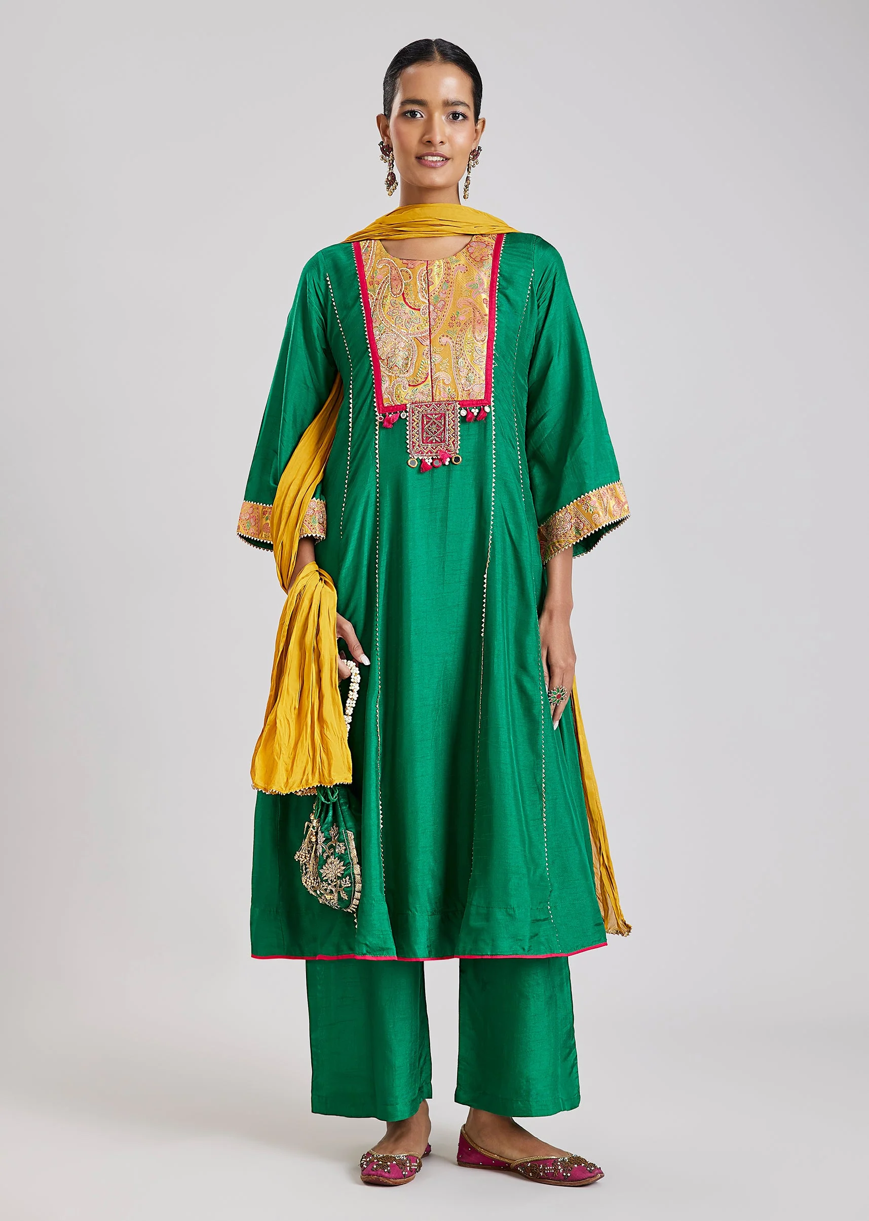 Green Patchwork Anarkali Set
