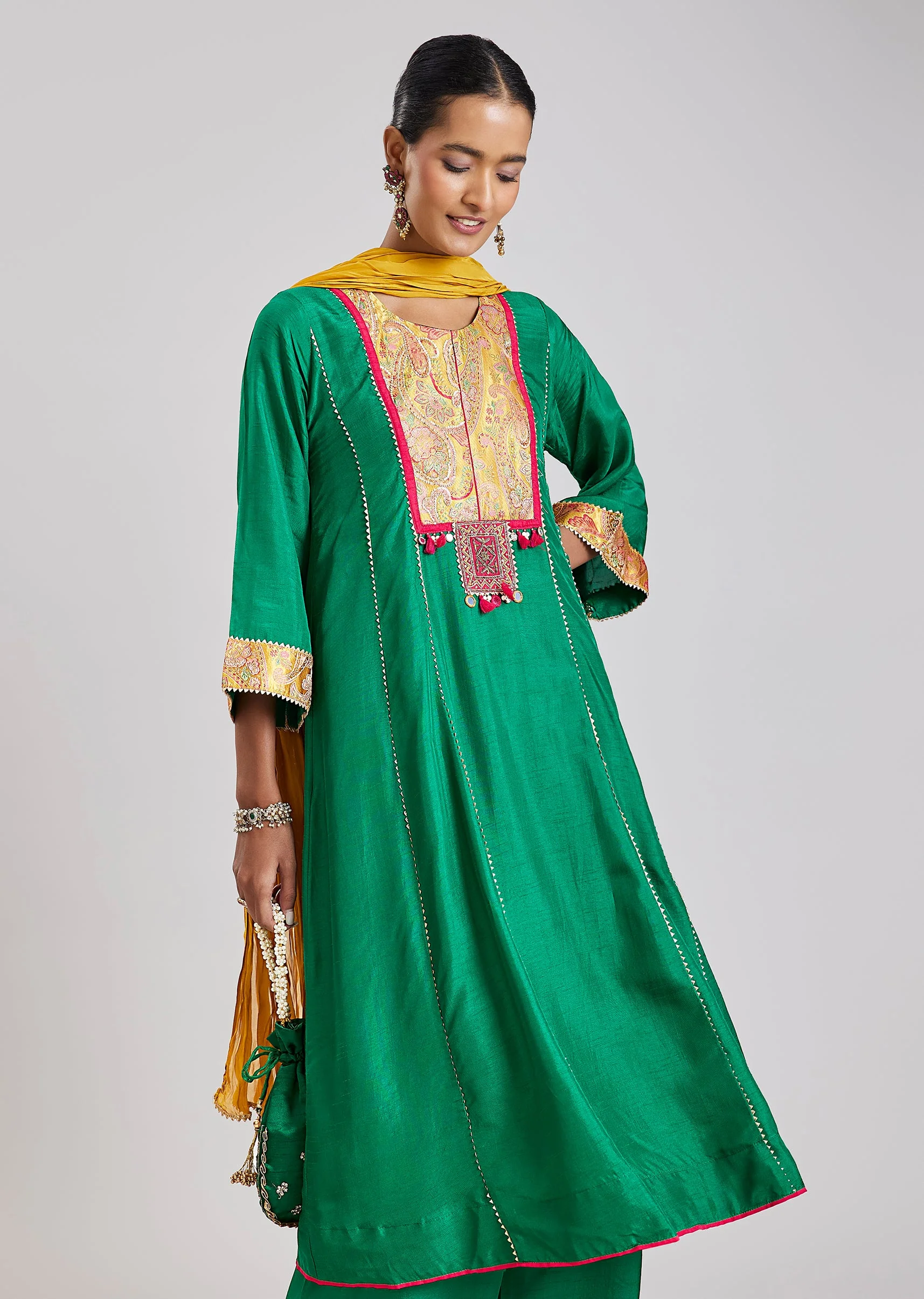 Green Patchwork Anarkali Set