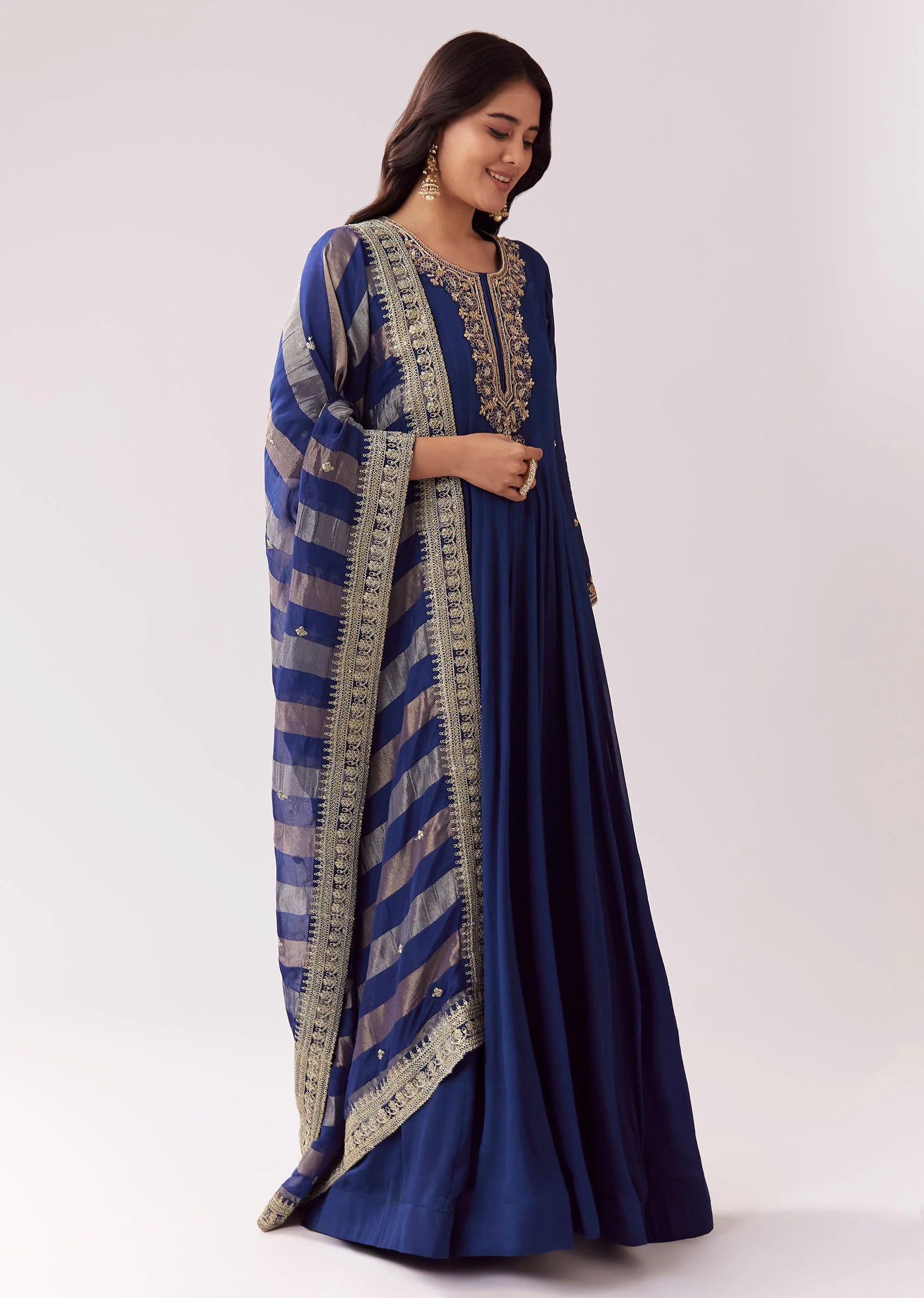 Blue Floor Length Anarkali With Zardozi Sequin Sparkle