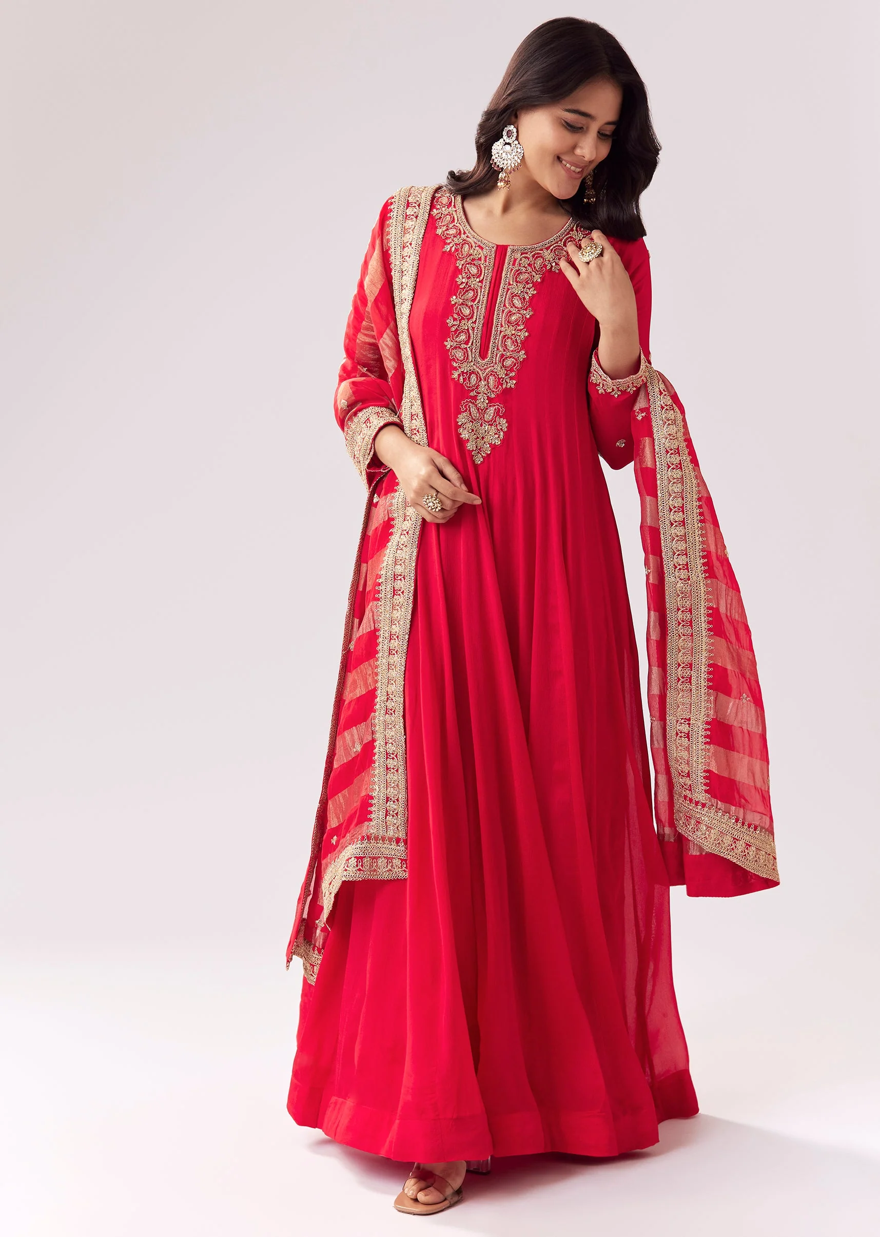 Red Anarkali With Zardozi And Sequins