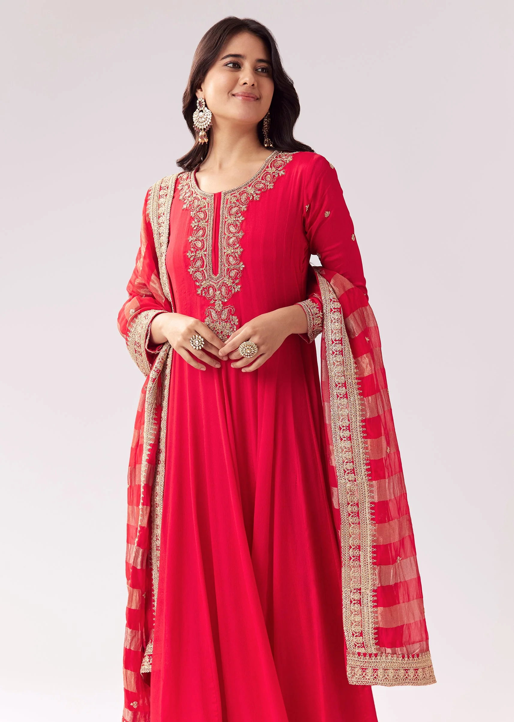 Red Anarkali With Zardozi And Sequins
