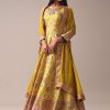 Yellow Floral Printed Anarkali Suit Set In Silk