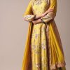 Yellow Floral Printed Anarkali Suit Set In Silk