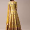 Yellow Floral Printed Anarkali Suit Set In Silk