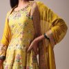 Yellow Floral Printed Anarkali Suit Set In Silk