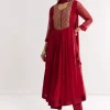 Red Printed Chiffon Sequin Kurta Set With Dupatta