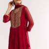 Red Printed Chiffon Sequin Kurta Set With Dupatta
