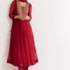 Red Printed Chiffon Sequin Kurta Set With Dupatta