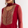 Red Printed Chiffon Sequin Kurta Set With Dupatta