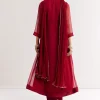 Red Printed Chiffon Sequin Kurta Set With Dupatta